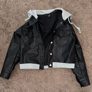 Cropped Black Faux Leather Jacket with Gray Hood